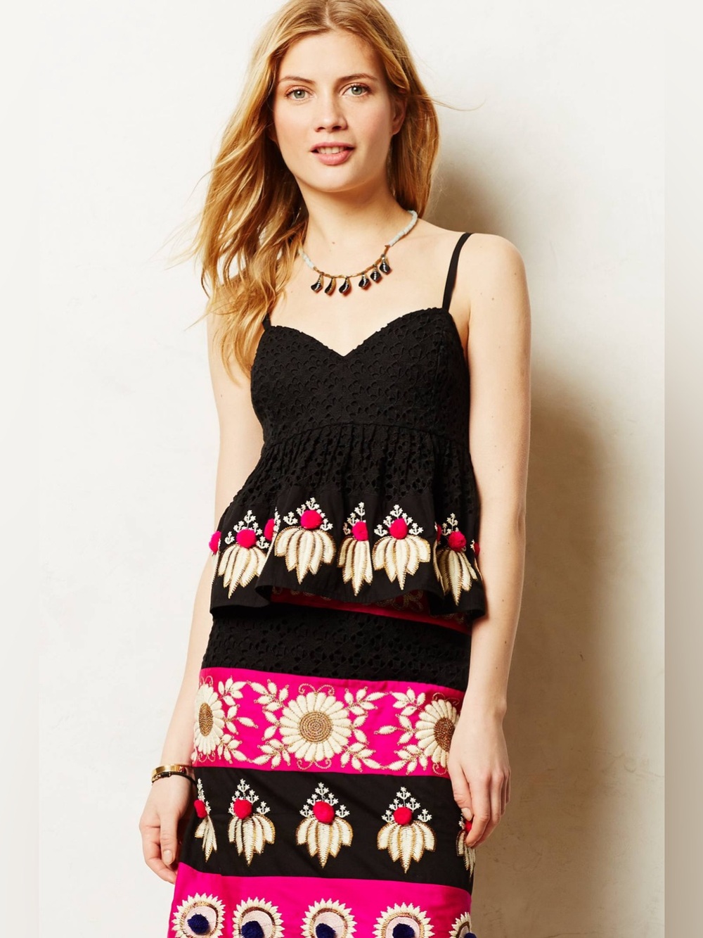 Set of 2  Anthropologie Leifsdottir Embroidered Skirt and top Catrina Tank Pom
